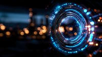Futuristic circular technology interface with glowing blue elements and digital data visualization against blurred city lights background at night.
