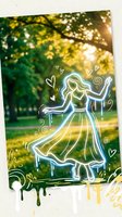 Glowing neon outline of dancing woman with hearts and swirls over blurred green park background with golden sunlight streaming through trees.