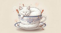 White cat sleeping peacefully inside decorative teacup with blue floral pattern, surrounded by tiny figures and sparkles on beige background.
