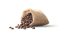 Roasted coffee beans spilling from burlap sack on white background, isolated product photography for cafe and restaurant marketing materials.