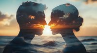 Romantic double exposure silhouette of young couple facing each other against ocean sunset background, merging profiles with waves and dramatic sky.