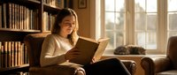 Young woman reading book in cozy home library with warm sunlight streaming through windows, perfect for lifestyle and education content.