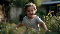 Young child with tousled hair smiling in garden setting surrounded by yellow wildflowers, wearing light-colored t-shirt during golden hour lighting.
