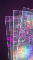 Holographic transparent circuit board panels with iridescent rainbow glow on dark purple background, futuristic tech concept.