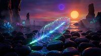 Glowing feather on alien planet landscape with dual suns and purple sky. Fantasy sci-fi scene with luminescent crystals and rocky terrain for digital art projects.