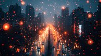 Rainy night cityscape with glowing orange lights reflecting on wet streets, illuminated skyscrapers silhouettes and bokeh effect creating magical urban atmosphere.