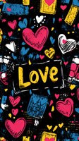 Romantic seamless pattern with sketched hearts and love text in yellow, pink and blue on black background. Grunge style design for valentines cards and wrapping paper.