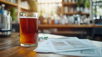 Glass of layered craft beer on wooden bar counter next to menu in restaurant setting with warm ambient lighting and blurred background for beverage photography.