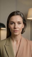 Split screen portrait showing middle-aged Caucasian businesswoman with aging transformation from professional to natural look in modern office.