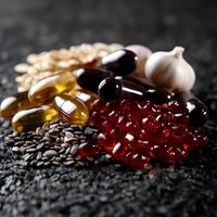 Natural supplements and vitamins with omega capsules, garlic, and flax seeds on dark textured background, macro shot highlighting health benefits.