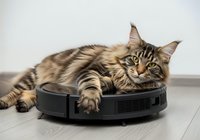 Tabby cat with alert expression resting on black robotic vacuum cleaner on light wooden floor. Suitable for pet care, smart home technology, and household automation marketing materials.