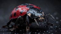 Macro photography of red ladybug with water droplets on dark background showing detailed texture of insect shell and antennae in dramatic lighting.