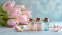 Delicate glass bottles with cork stoppers in pastel colors alongside soft pink tulips on light background, creating serene spa or wellness atmosphere.