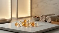Transparent glass and golden spheres arranged on white marble surface with spa towels and natural light in background for wellness and beauty design projects.