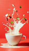 Dynamic milk splash from white cup with flying berries, nuts and green leaves against vibrant red background. Creative food photography capturing motion and energy.