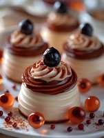 Sweet meringue nests with chocolate cream swirls topped with fresh black cherries and surrounded by red currants and physalis berries on white plate.