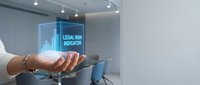 Professional businesswoman holding holographic legal risk indicator display in modern corporate office environment for compliance management solutions.