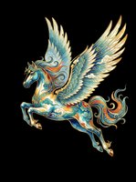 Ornate winged horse with gold and blue decorative details, isolated on transparent background. Ready for t-shirt design, clipart, stickers, sublimation, and print-on-demand products.