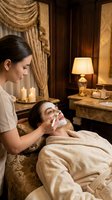 Professional spa therapist applying facial mask treatment to relaxed client in luxury wellness center with elegant interior and candlelit ambiance.
