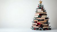 Creative Christmas tree made from stacked books with red ornaments and gold star topper on artificial pine branches against white background, minimal holiday decor.