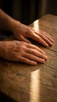 Two male hands resting on wooden table surface in warm sunlight, showing skin texture and natural aging, suitable for concepts of rest, contemplation, or support.