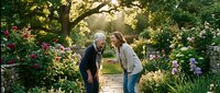 Senior man and middle-aged woman walking together on garden pathway surrounded by blooming flowers and trees. Outdoor leisure activity for mature adults.