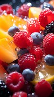 Fresh summer berries and orange slices with water droplets in macro photography, vibrant colors for food advertising and healthy eating concepts.