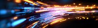Colorful light trails with binary code creating dynamic motion effect against dark background, representing digital data transfer and technology.