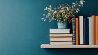 Books arranged on wooden shelf against teal wall with eucalyptus plant in blue vase creating minimalist home decor composition with modern aesthetic.
