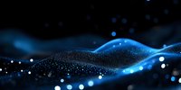 Abstract digital wave of glowing particles on dark background with blue light effects and bokeh, flowing dynamic technology visualization.