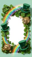 Festive St. Patrick's Day frame with lucky clovers, rainbow borders, green leprechaun hats, and gold coin pots on isolated white background. Perfect for greeting cards and social media designs.