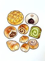 Assorted hand-drawn bakery items including croissants, pastries, bread rolls and sweet buns with various fillings, isolated on white background for menu design and food illustrations.