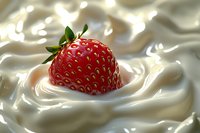 Fresh ripe strawberry splashing into creamy yogurt with smooth waves, creating delicious dessert moment for food advertising.