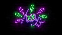 Neon sign with glowing electric book surrounded by lightning bolts and power symbols on dark brick wall background for energy education concepts.