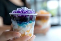 Colorful layered shaved ice dessert with purple, blue, and yellow flavored syrup in clear plastic cup held in hand, perfect for summer beverages and frozen treats.