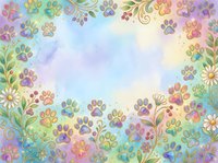 Colorful paw prints and floral elements frame a soft watercolor background in pastel tones, perfect for pet-related designs, greeting cards, and children's projects.