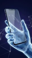 Futuristic low poly hand holding smartphone with glowing network connections on dark blue background for digital technology concepts.