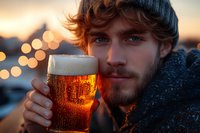Young bearded man in knit cap holding glass of cold craft beer with foam at sunset, bokeh lights background creates cozy atmosphere for lifestyle advertising.