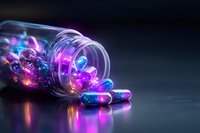 Glowing medical capsules spilling from glass bottle with vibrant purple and blue neon light effects on dark reflective surface, pharmaceutical concept.