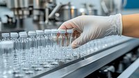 Laboratory technician in protective gloves handling multiple glass vials in organized rack during scientific research or medical testing procedure in modern lab.