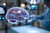 Glowing digital brain hologram in operating room with surgeon in background, representing advanced neurosurgery and medical technology innovation.