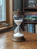 Vintage brass hourglass with white sand on wooden desk in cozy library setting with books and natural window light for time management concepts.