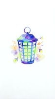 Watercolor lantern with blue and green gradient, surrounded by colorful flying insects and floral elements on white background, isolated clipart for design projects.