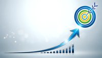 Business growth chart with arrow hitting target bullseye representing success achievement and goal reaching for corporate strategy presentations.