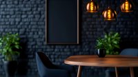 Modern dining room interior with round wooden table, black chairs, pendant lights and plants on dark textured wall background for home decor concepts.