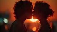 Romantic couple silhouettes kissing at golden sunset with warm bokeh lights creating intimate atmosphere for love and relationship concepts.