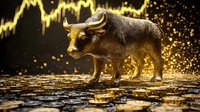 Golden bull standing on coins against financial chart background with glowing particles and dramatic lighting effect, symbolizing wealth and market strength.