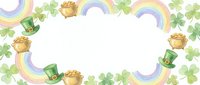 St. Patrick's Day frame with rainbows, leprechaun hats, gold pots and shamrocks on white background for festive designs and greeting cards.