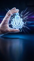 Hand holding glowing neon gear and user icon with digital light rays, representing technology innovation, automation, and system optimization for business and software development.