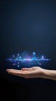 Open palm holding glowing digital network visualization with interconnected nodes and data waves, representing technology, innovation, and data analytics for business solutions.
